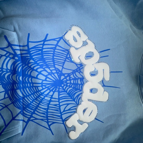 blue sp5der hoodie with rhinestones
